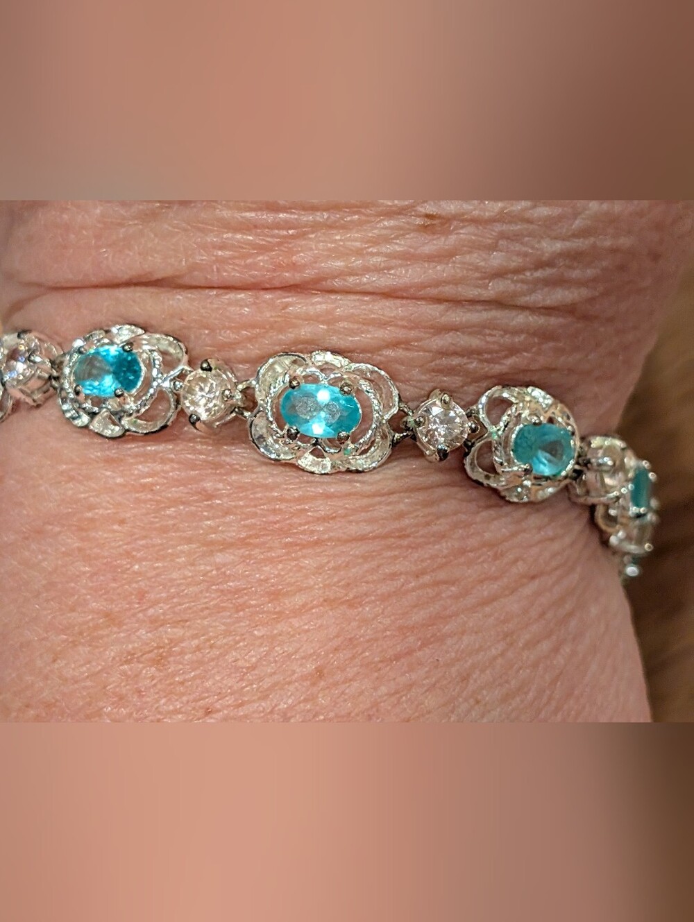 Sterling Silver Bracelet With Pale Green And Pink Stones